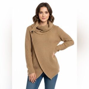 Brown Knit Wrap Sweater One Size S/M Cowl Neck Button Detail